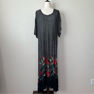 Women's Black Chevron Maxi Dress with Red Floral Hem